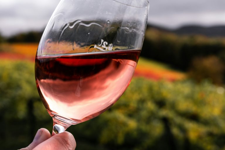 A close-up picture of a glass of crisp rose from a Somerset West wine farm