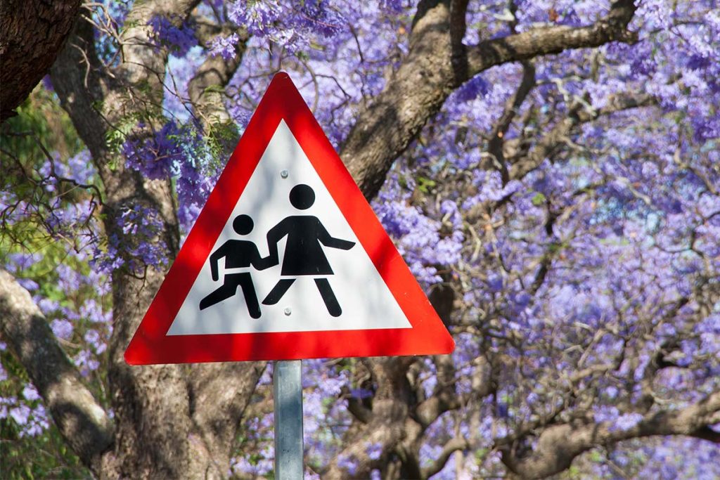 A close up of a pedestrian sign on the road in South Africa