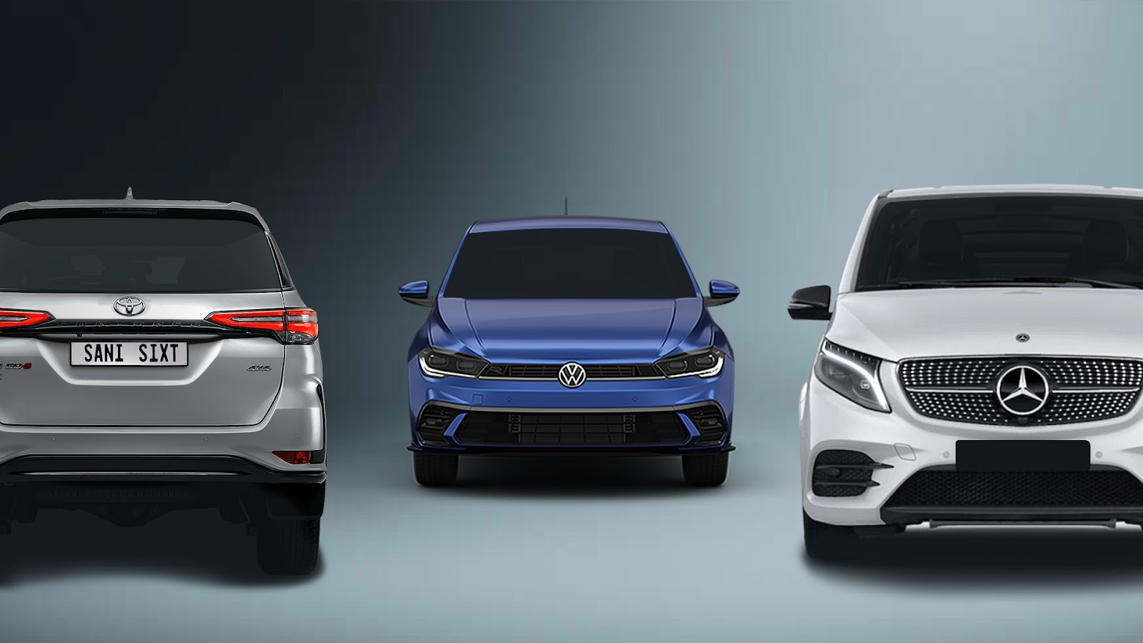 A lineup of three SANI SIXT rental vehicles: the rear view of a silver Toyota Fortuner on the left, the front view of a blue Volkswagen Polo in the center, and the front view of a white Mercedes-Benz Vito van on the right.