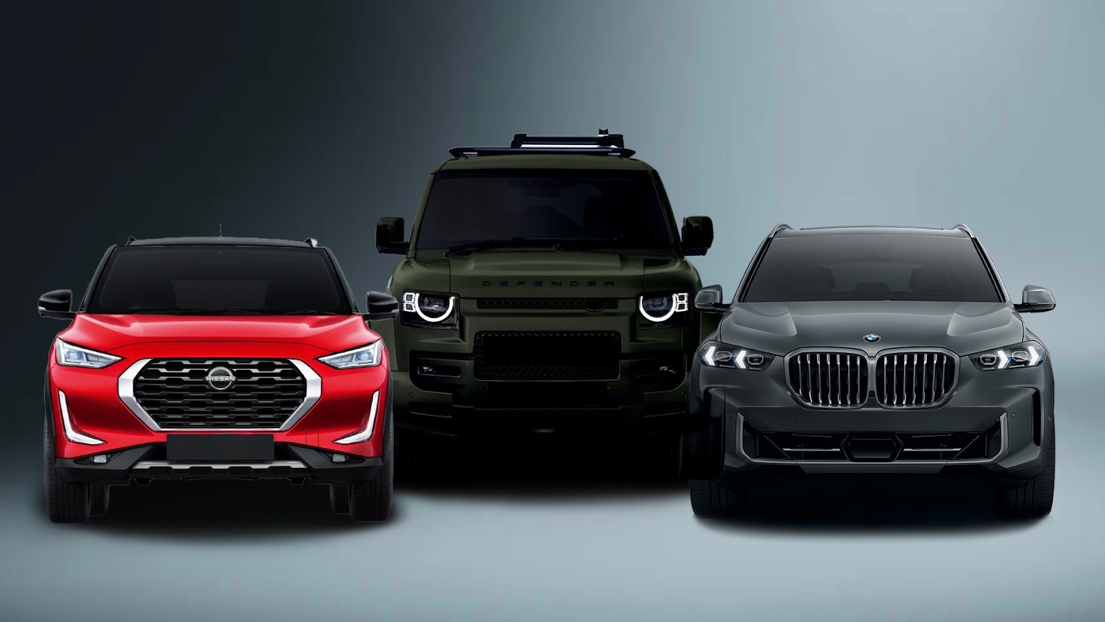 Three SUVs are shown head-on. From left to right: a red Nissan Magnite, a dark green Land Rover Defender, and a dark grey BMW X1. The Defender in the center appears larger and taller than the other two.