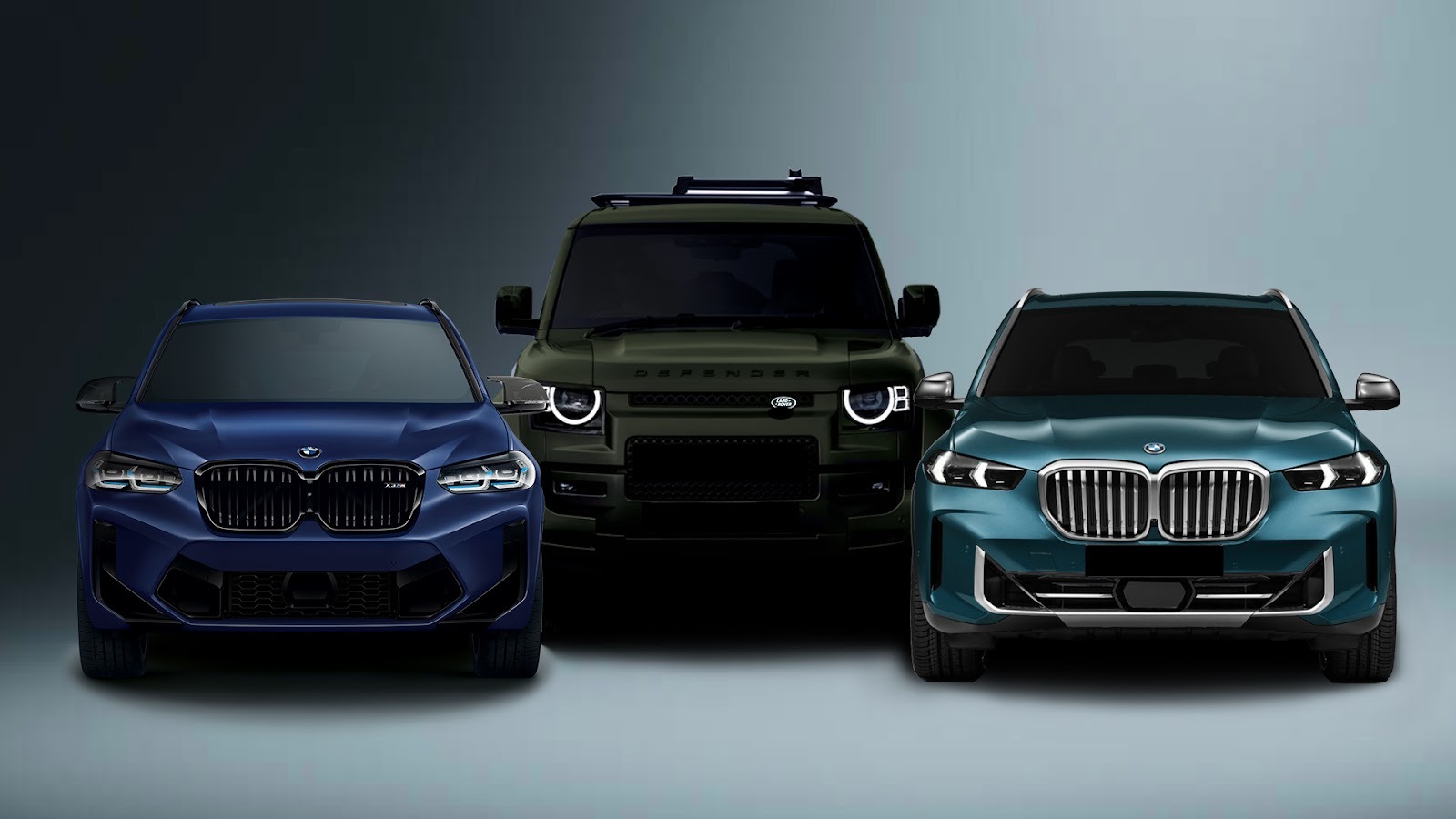 Three luxury SUVs are parked side by side: a dark blue BMW X3, a dark green Land Rover Defender with a roof rack, and a teal BMW X5.