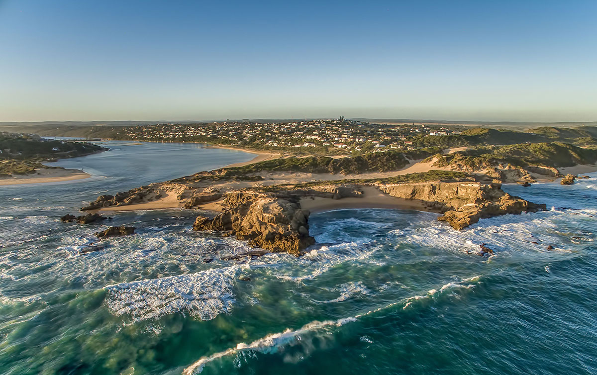 An aerial view of a coastline nearby the small village of Kenton-on-Sea in the Eastern Cape of South Africa